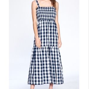 smocked gingham maxi dress